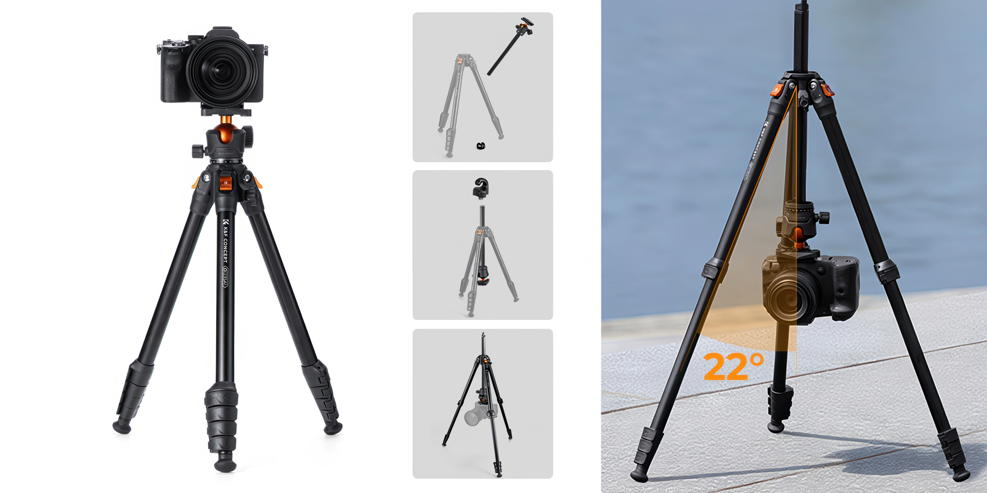 Statyw K&F Concept O235A1 z głowicą kulową BH-40 i uchwytem na telefon - Fotografia makro i zdjęcia z niskiej perspektywy